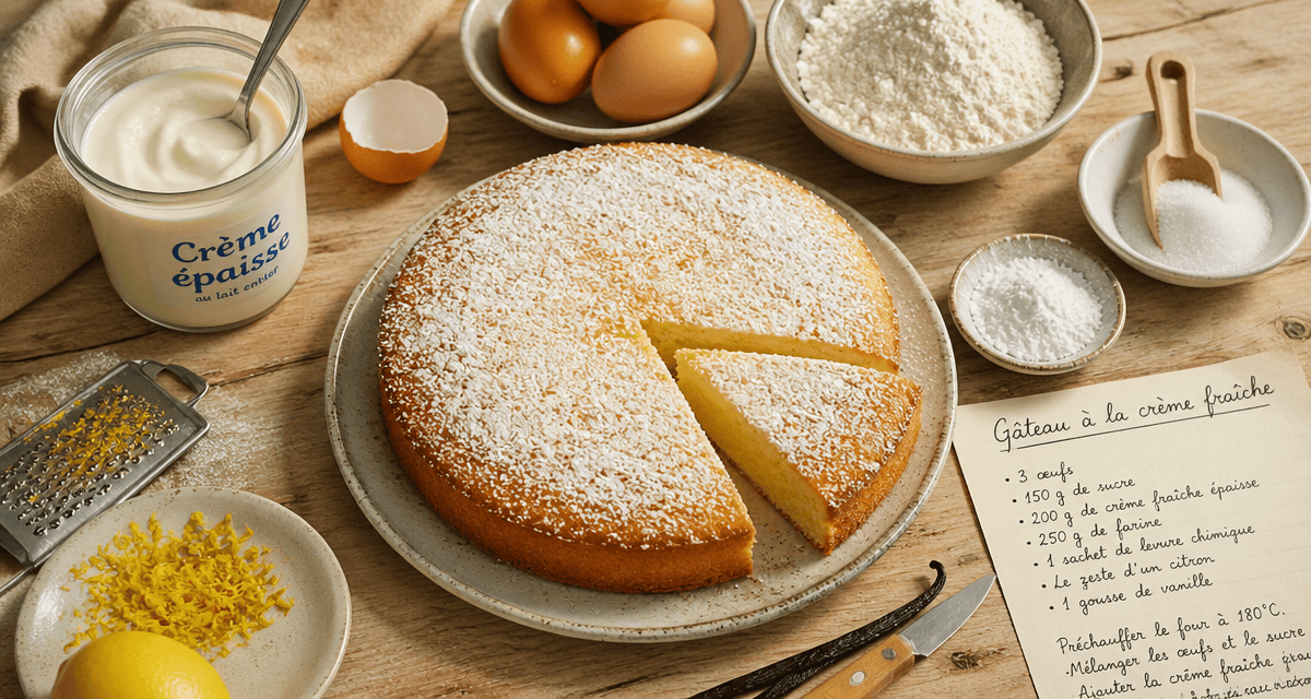 dessert crème fraîche rapide gâteau moelleux sur plan de travail