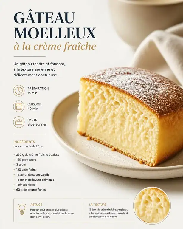 Gâteau moelleux à la crème fraîche, recette de dessert rapide et gourmand