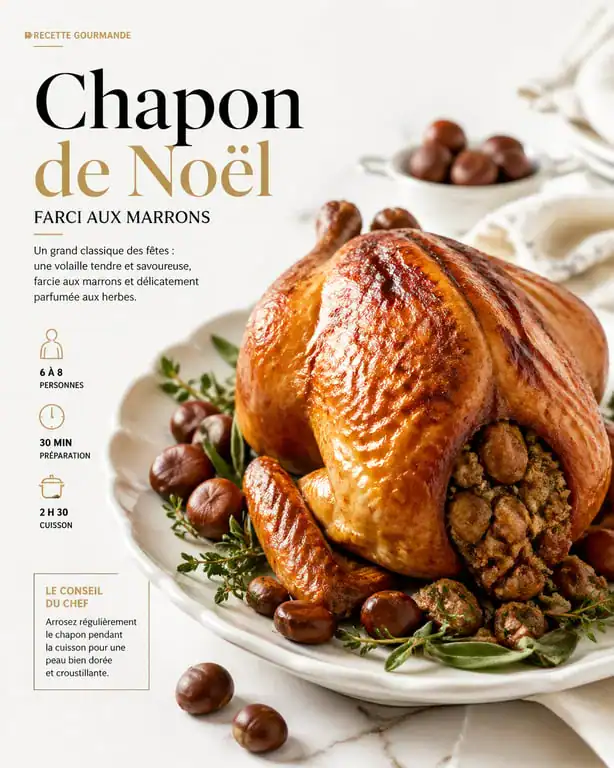 Chapon de Noël farci aux marrons et à l'Armagnac, plat gastronomique pour les restaurants ouverts le 25 décembre