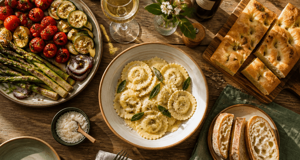 accompagnement ravioli avec légumes et pain