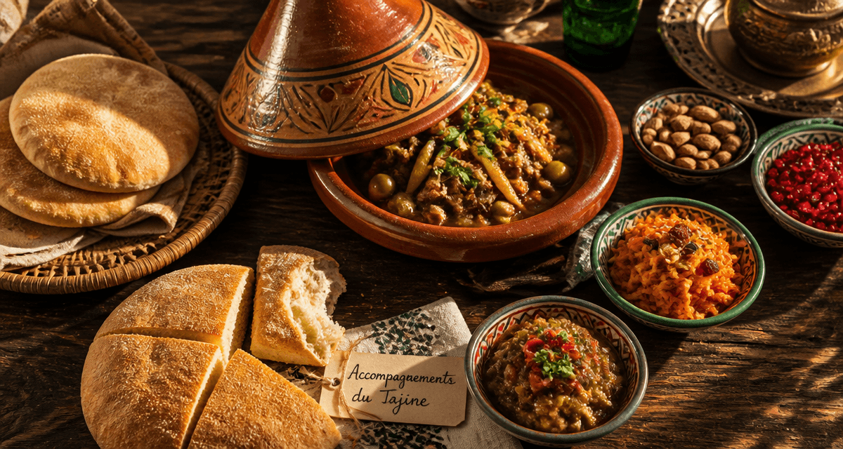 accompagnement tajine sur table marocaine avec pains et salades