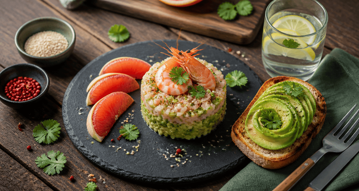 Avocat en entrée tartare crevettes dressage élégant