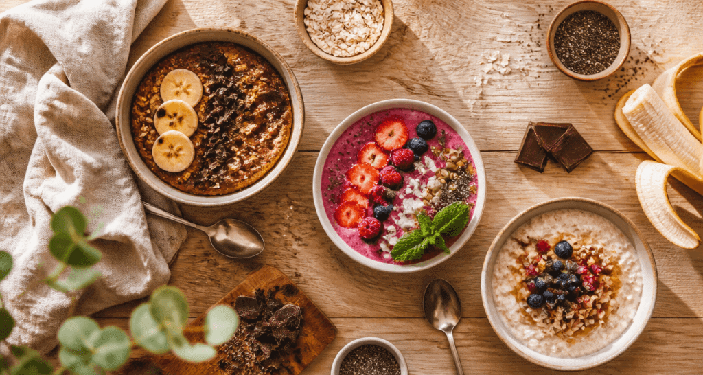 bowl petit dej variés sur table en bois