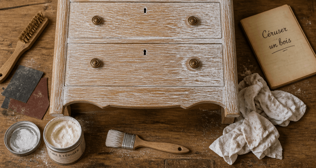 ceruser un bois avec brosse métallique et cire