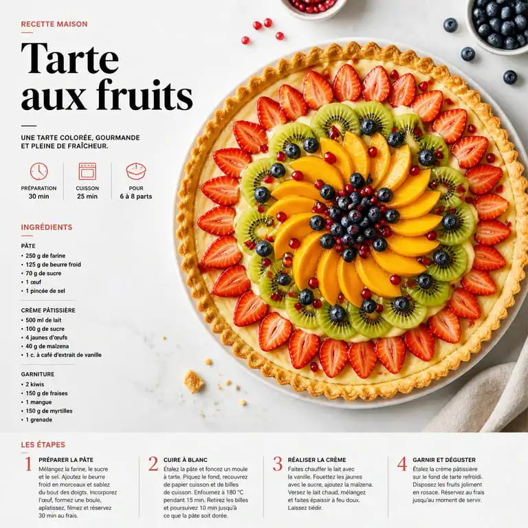 Tarte aux fruits sucrée réalisée avec une pâte brisée maison dorée et croustillante