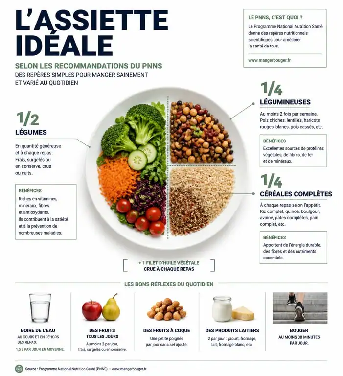 Infographie sur l'assiette idéale et les aliments bons pour la santé selon le PNNS