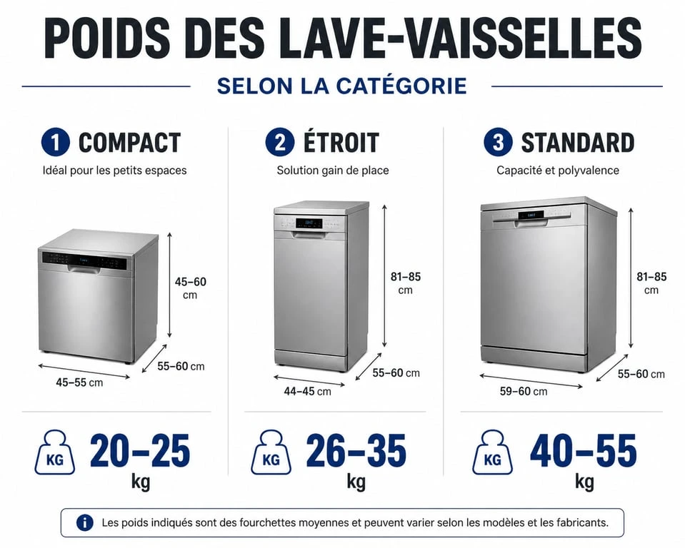 Infographie comparative du poids moyen d'un lave-vaisselle selon sa taille et sa capacité