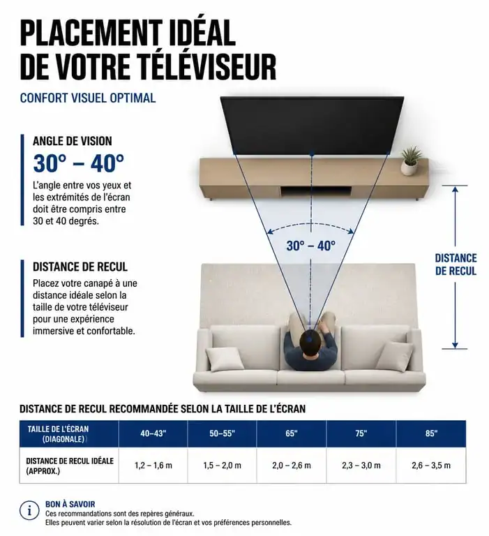 Schéma illustrant la distance idéale entre la télévision et le canapé pour un confort visuel optimal