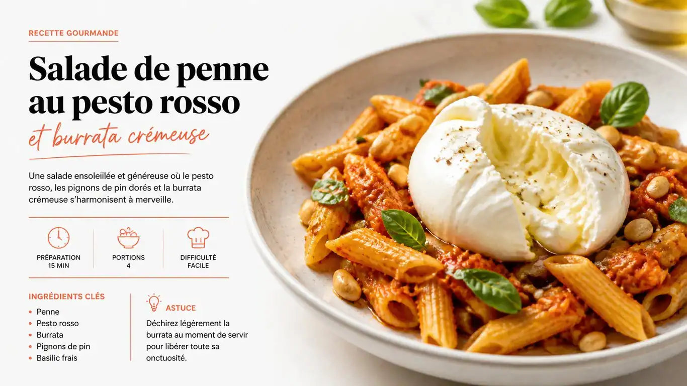 Salade de penne au pesto rosso et burrata pour un repas froid entre amis