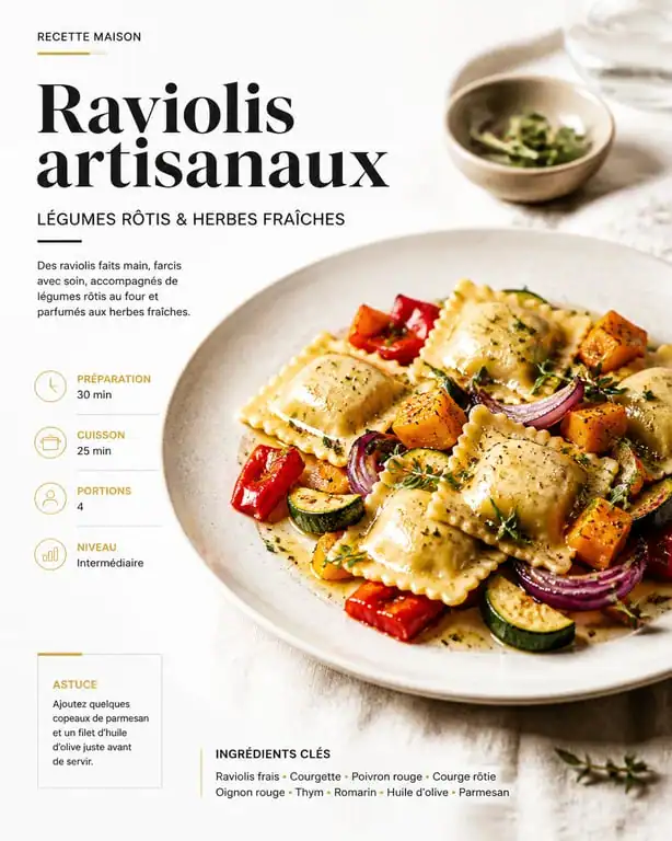 Assiette de raviolis avec accompagnement de légumes rôtis pour un repas équilibré
