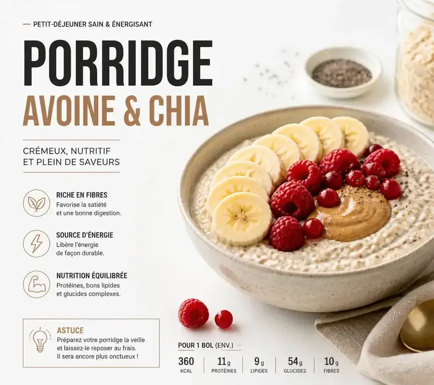 Porridge crémeux à l'avoine et graines de chia pour un petit déjeuner équilibré