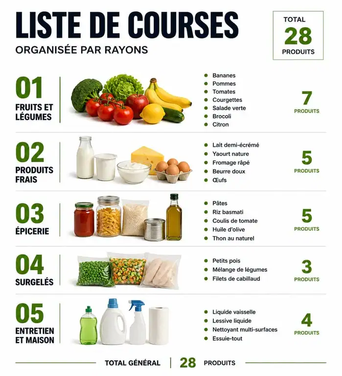 Infographie d'une liste de courses alimentaires organisée par rayons pour optimiser son temps en magasin