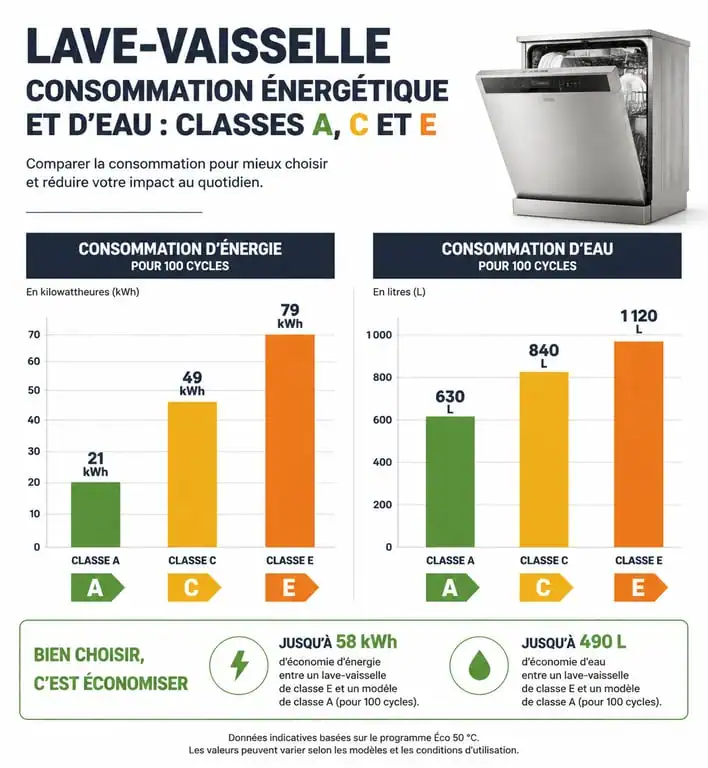 Comparatif visuel de la consommation énergétique par classe de lave-vaisselle : A, C et E