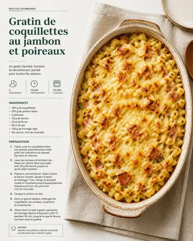 Gratin de coquillettes au jambon et poireaux, une recette facile et pas chère