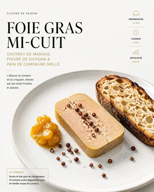 Assiette de foie gras mi-cuit avec chutney de mangue et pain de campagne grillé