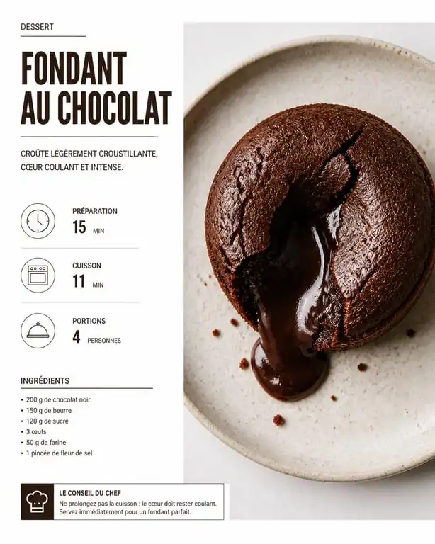 Fondant au chocolat sans farine et sans œuf sur une assiette