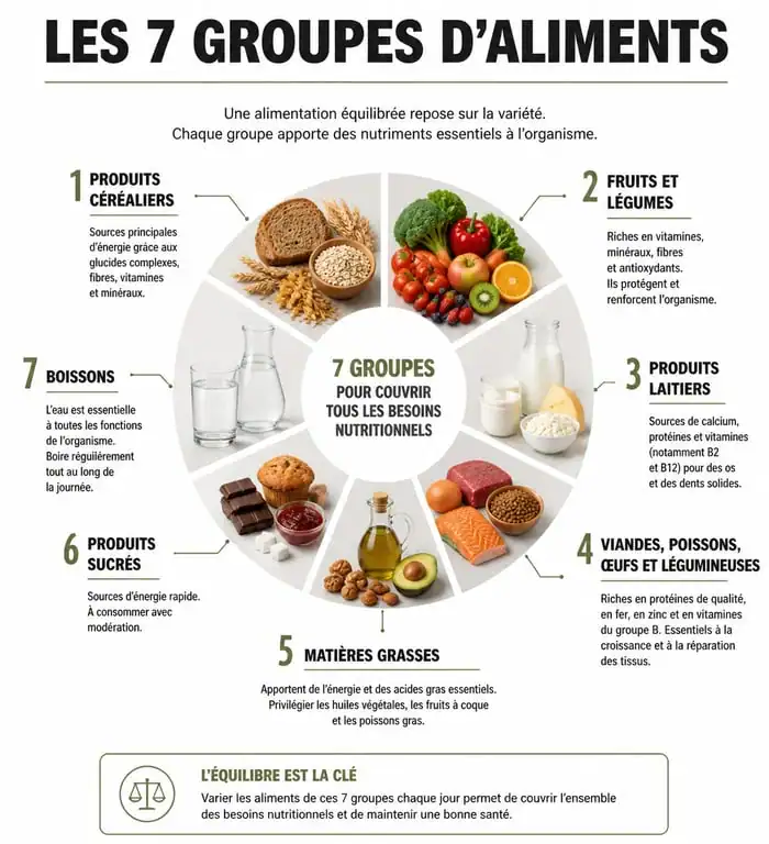 Infographie des 7 groupes d'aliments et équilibre alimentaire