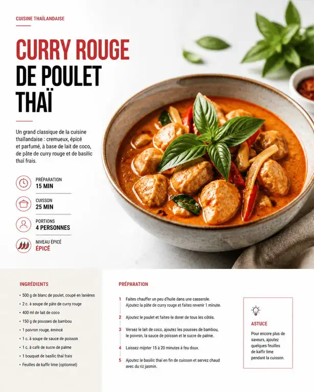 Curry rouge de poulet thaï avec basilic et bambou, recette avec pâte de curry