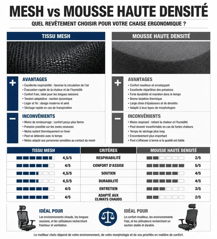 Comparatif des matériaux pour la meilleure chaise ergonomique 2025 : Mesh vs Mousse haute densité