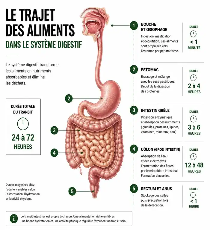 Infographie du temps de digestion d'un repas copieux dans le système digestif humain