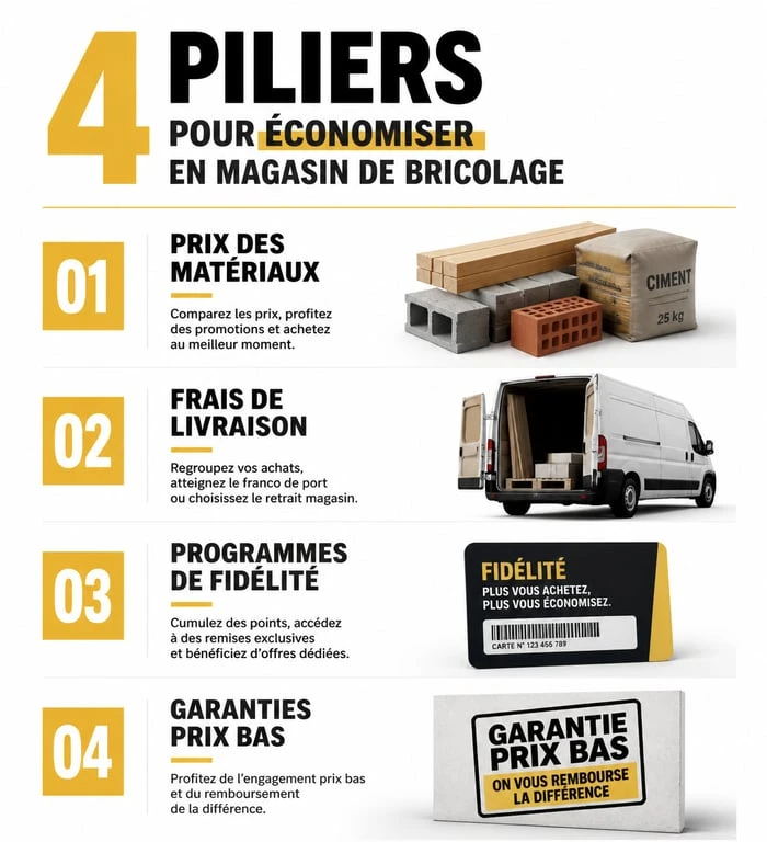 Infographie sur les astuces pour trouver le magasin de bricolage le moins cher et optimiser son budget travaux.