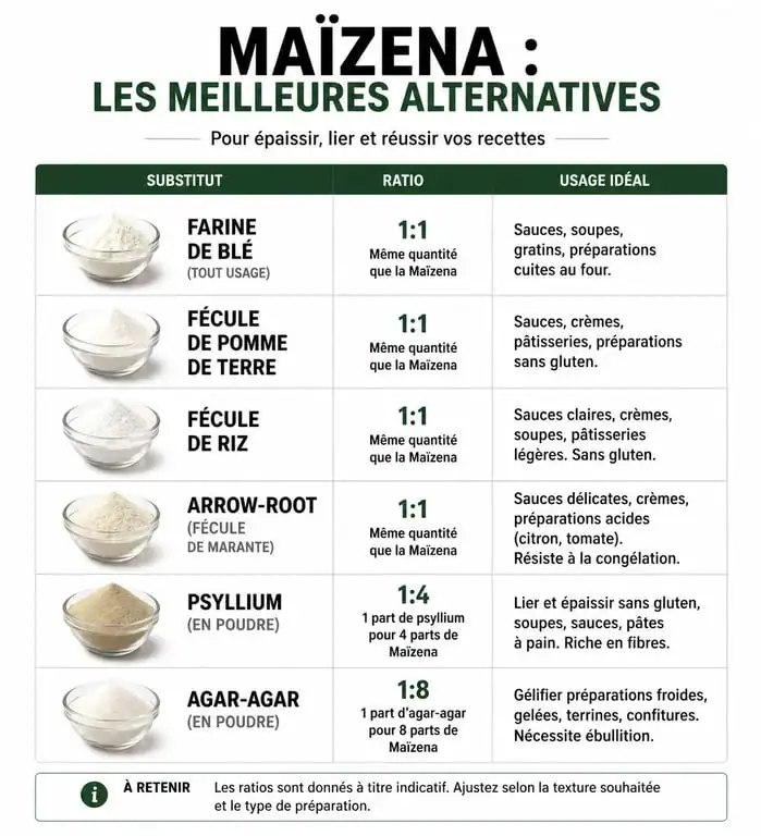 Tableau comparatif des alternatives à la Maïzena pour épaissir vos sauces et pâtisseries