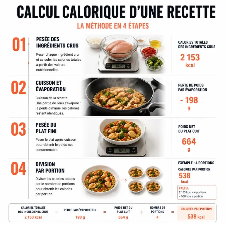 Infographie illustrant la méthode pour calculer les calories d'une recette maison étape par étape