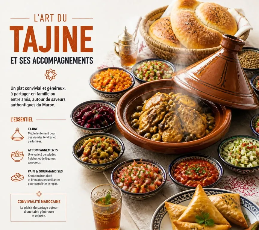 Table marocaine avec tajine et ses accompagnements variés comme le pain Khobz et les salades marocaines