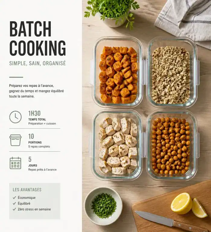 Exemple de session de batch cooking organisée avec une application gratuite pour gagner du temps en cuisine