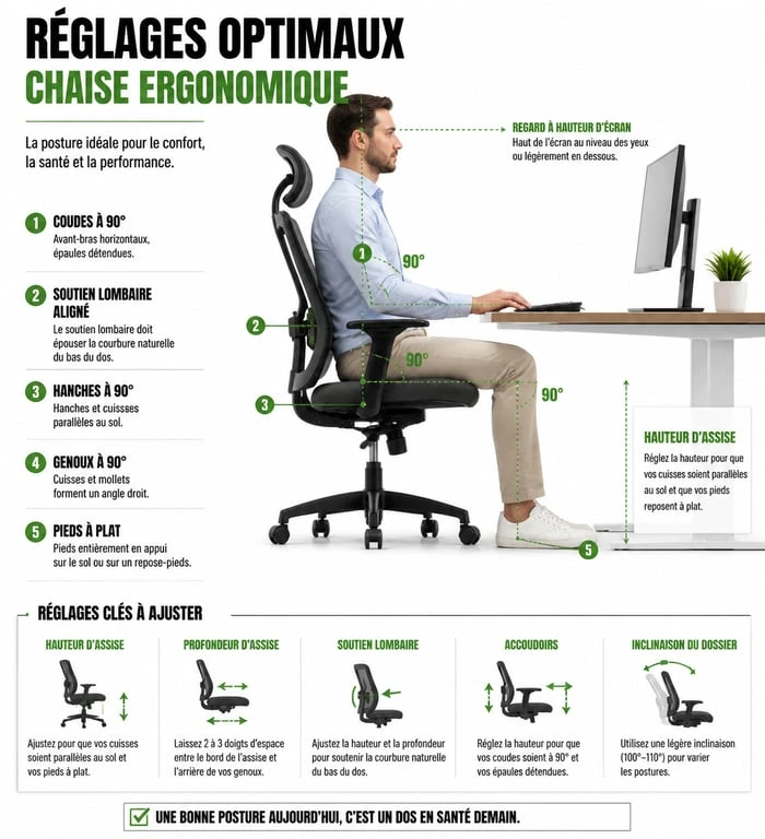 Schéma des réglages optimaux pour une chaise ergonomique pour une posture de travail saine