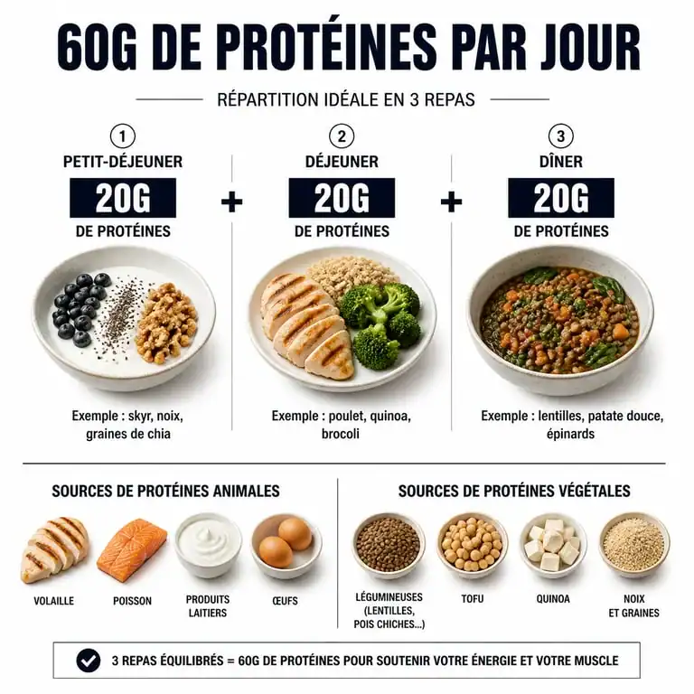 Infographie répartition 60g protéines par jour