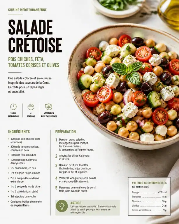 Salade crétoise aux pois chiches et féta, plat phare du menu type régime méditerranéen