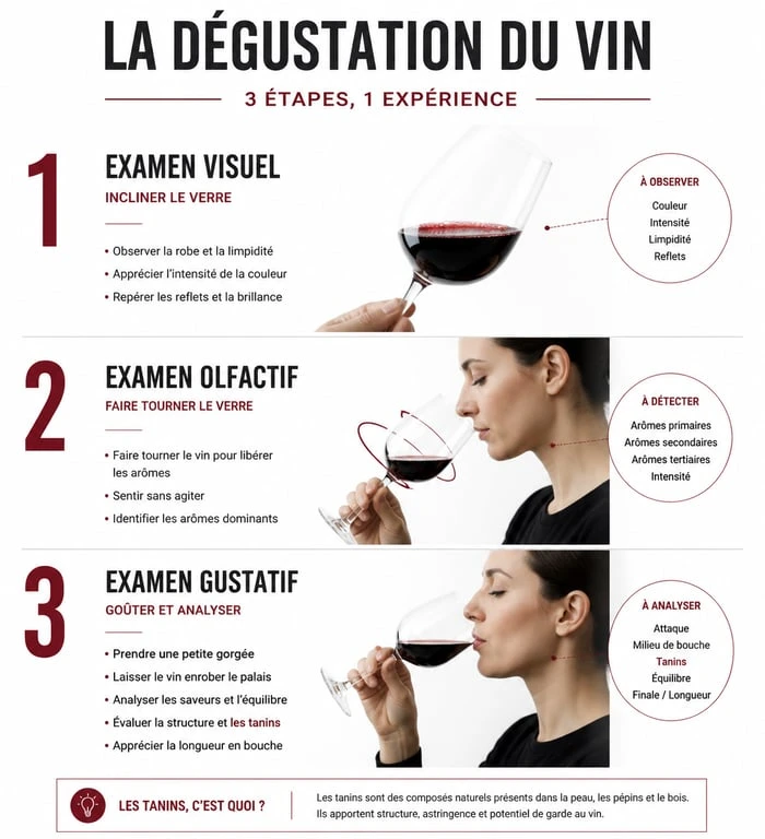 Infographie des étapes de la dégustation pour apprendre le vin