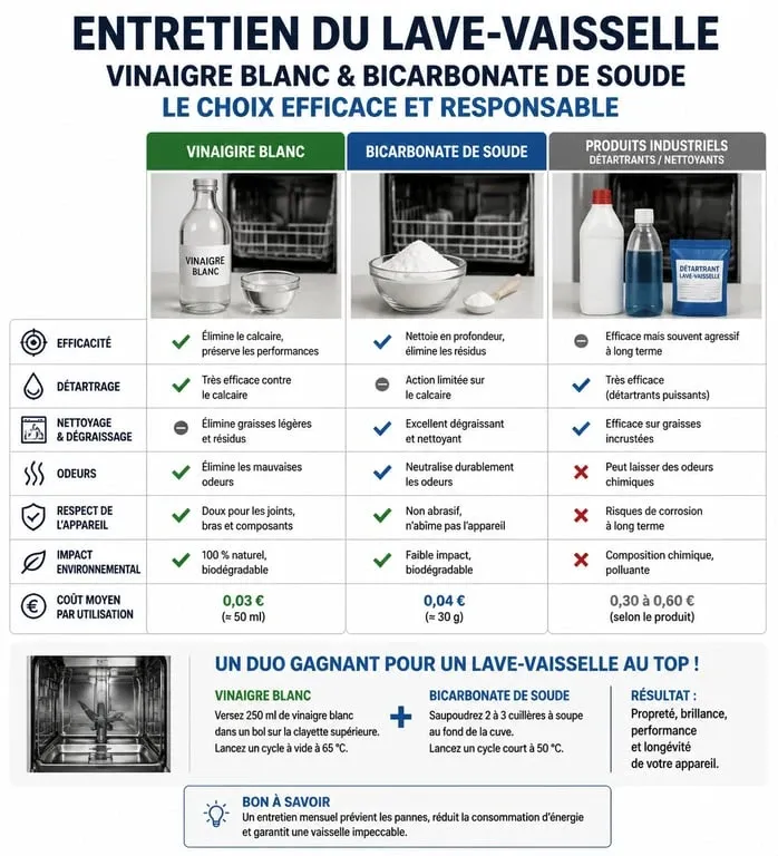Infographie comparative : nettoyage lave-vaisselle au vinaigre blanc et bicarbonate vs produits chimiques