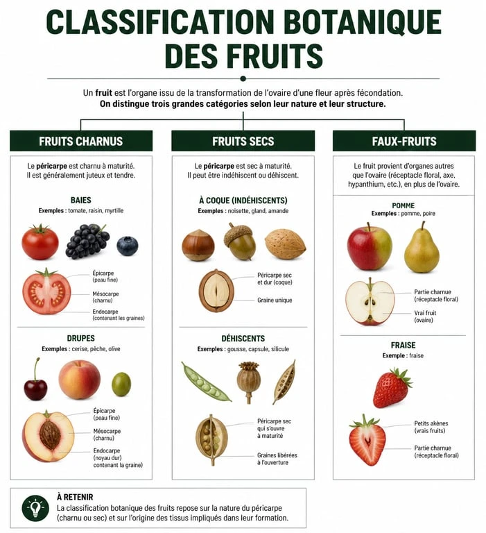 Infographie sur la classification botanique des fruits : fruits charnus, fruits secs et faux-fruits
