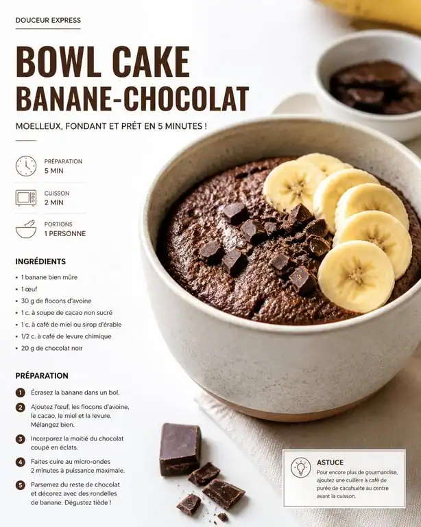 Bowl cake banane-chocolat pour un petit déjeuner sain et gourmand