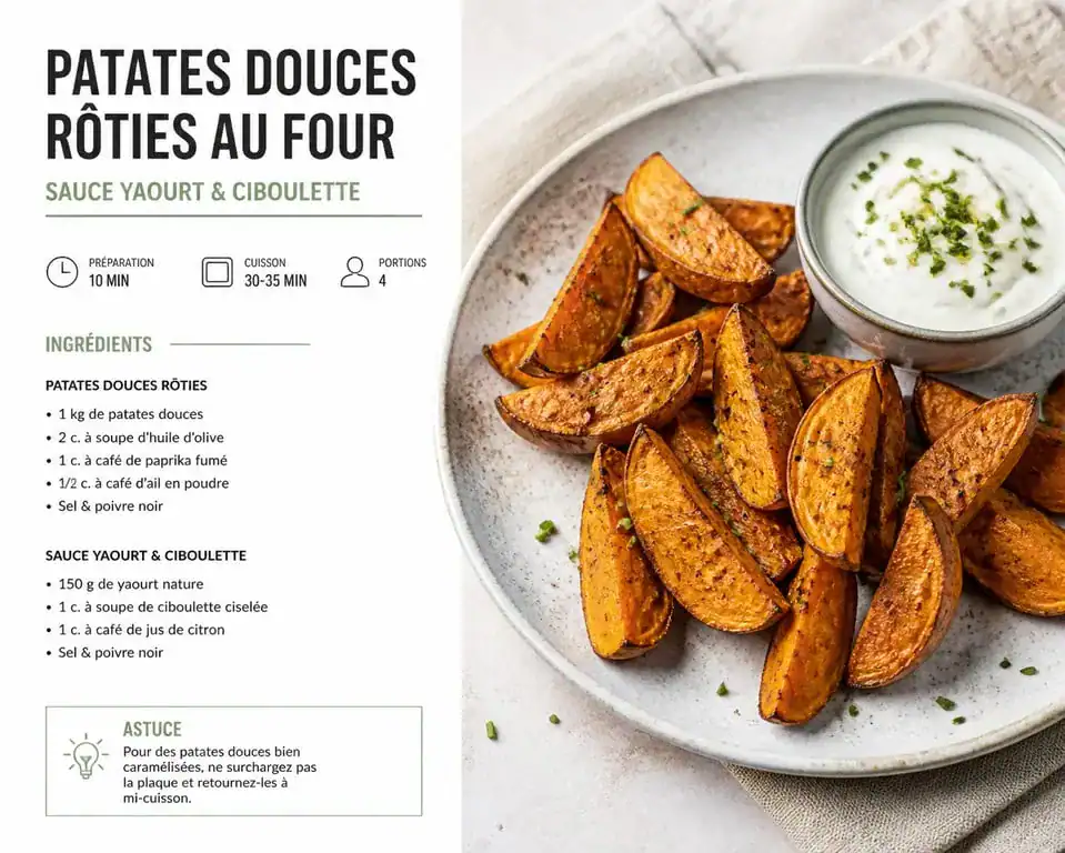Patates douces rôties au four style Texas avec sauce fraîche, accompagnement idéal pour viande ou poisson.