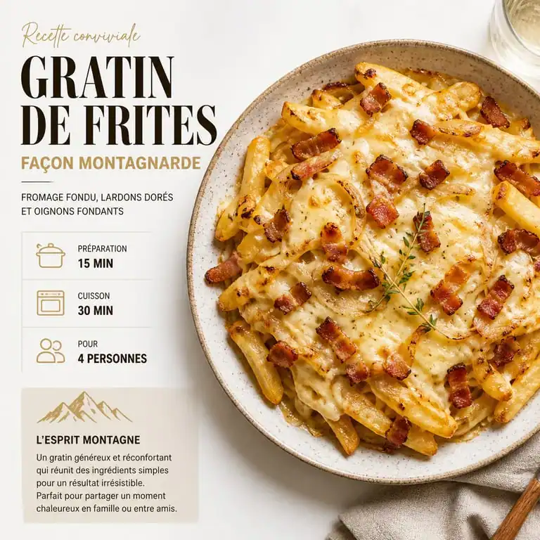 Gratin de frites façon montagnarde avec fromage fondu et lardons pour recycler vos restes de frites