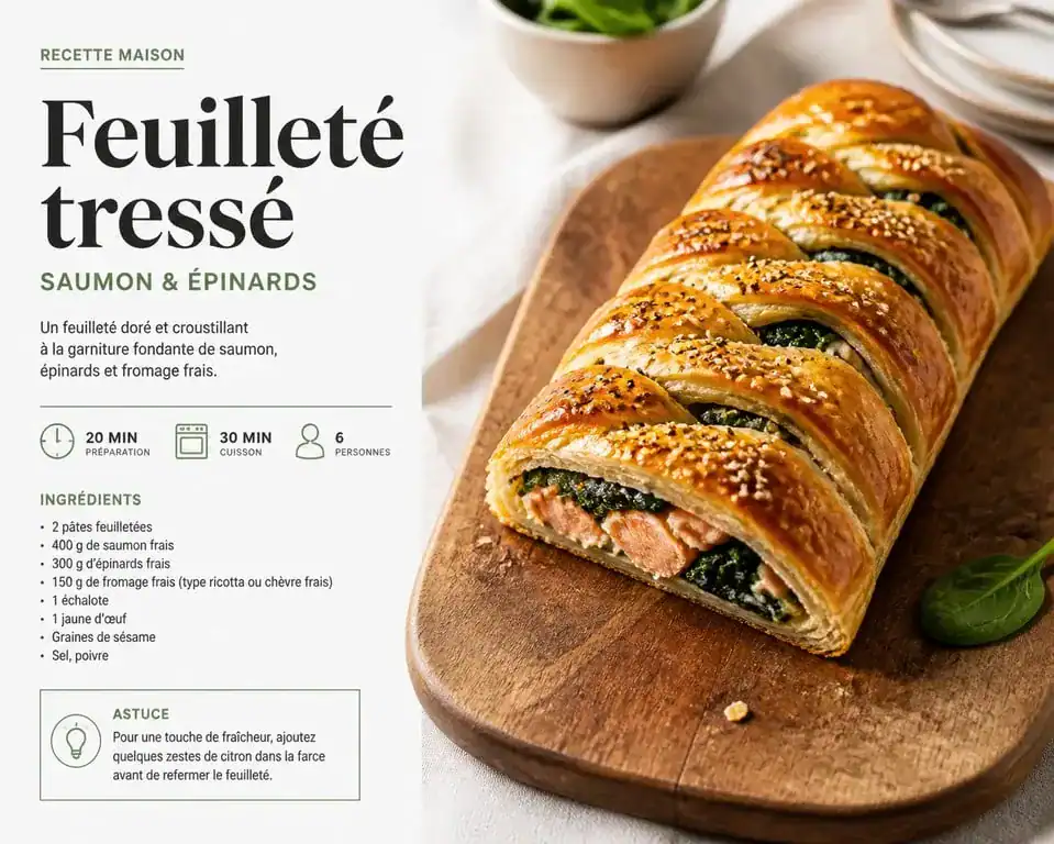 Feuilleté tressé au saumon et épinards frais croustillant et doré