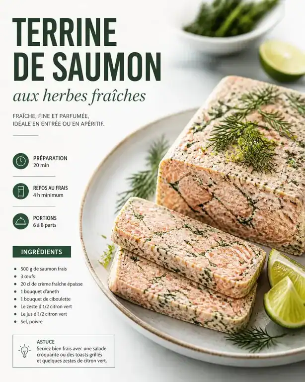 Terrine de saumon aux herbes et citron vert, une idée d'entrée froide raffinée.