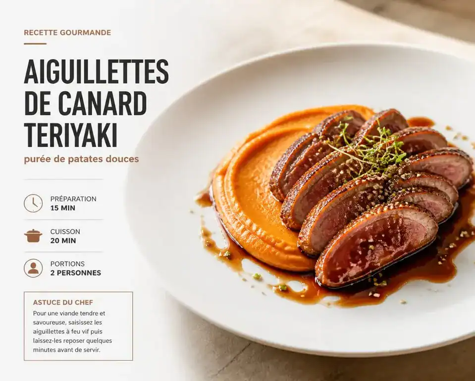 Plat gastronomique d'aiguillettes de canard teriyaki pour un menu un dîner presque parfait