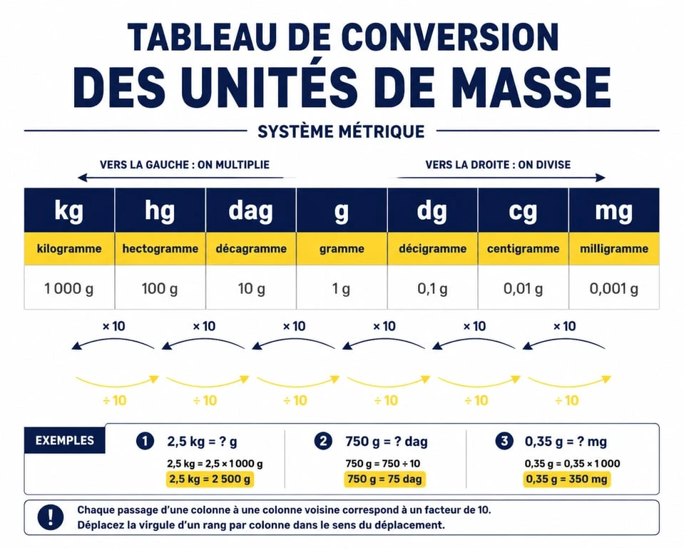 Tableau de conversion des unités de masse en grammes