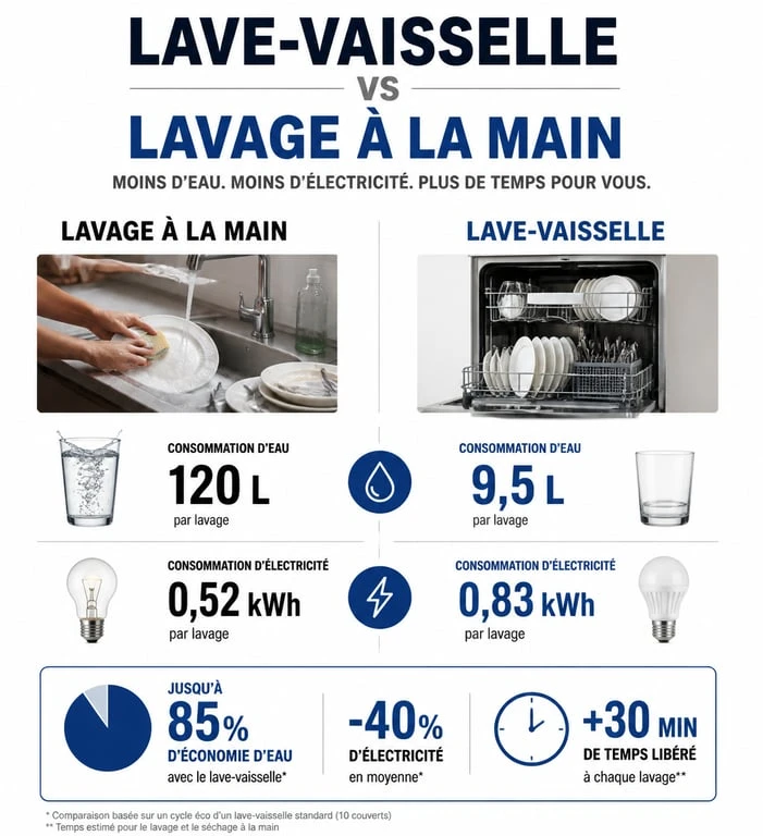 Comparaison consommation eau et électricité lave-vaisselle vs lavage à la main