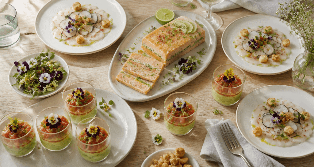 Assortiment d'entrees froides raffinées sur table