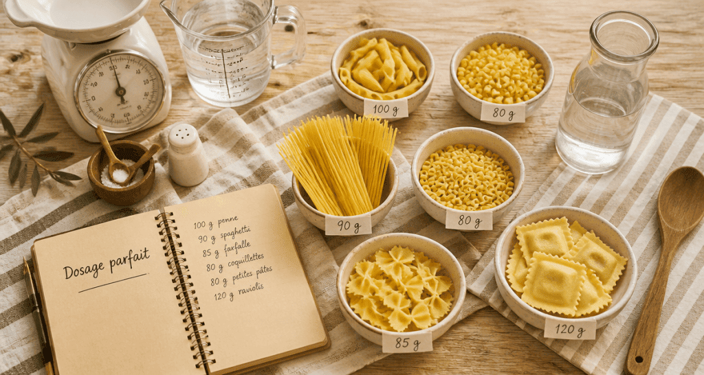 Grammage pate par personne, portions de pâtes crues pesées