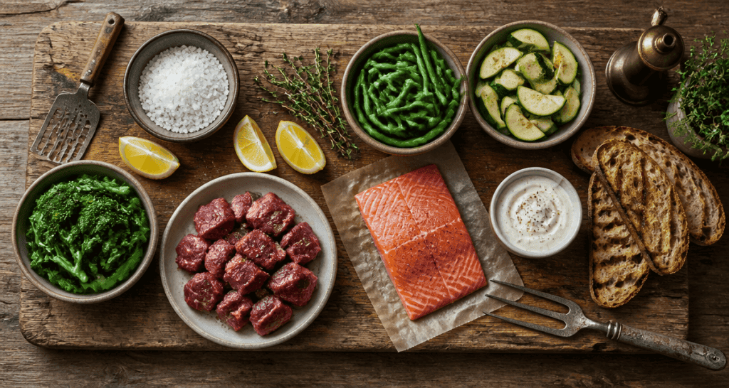 Ingrédients recette salé sur planche bois