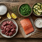 Ingrédients recette salé sur planche bois