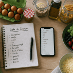 liste courses alimentaires sur table avec carnet et appli