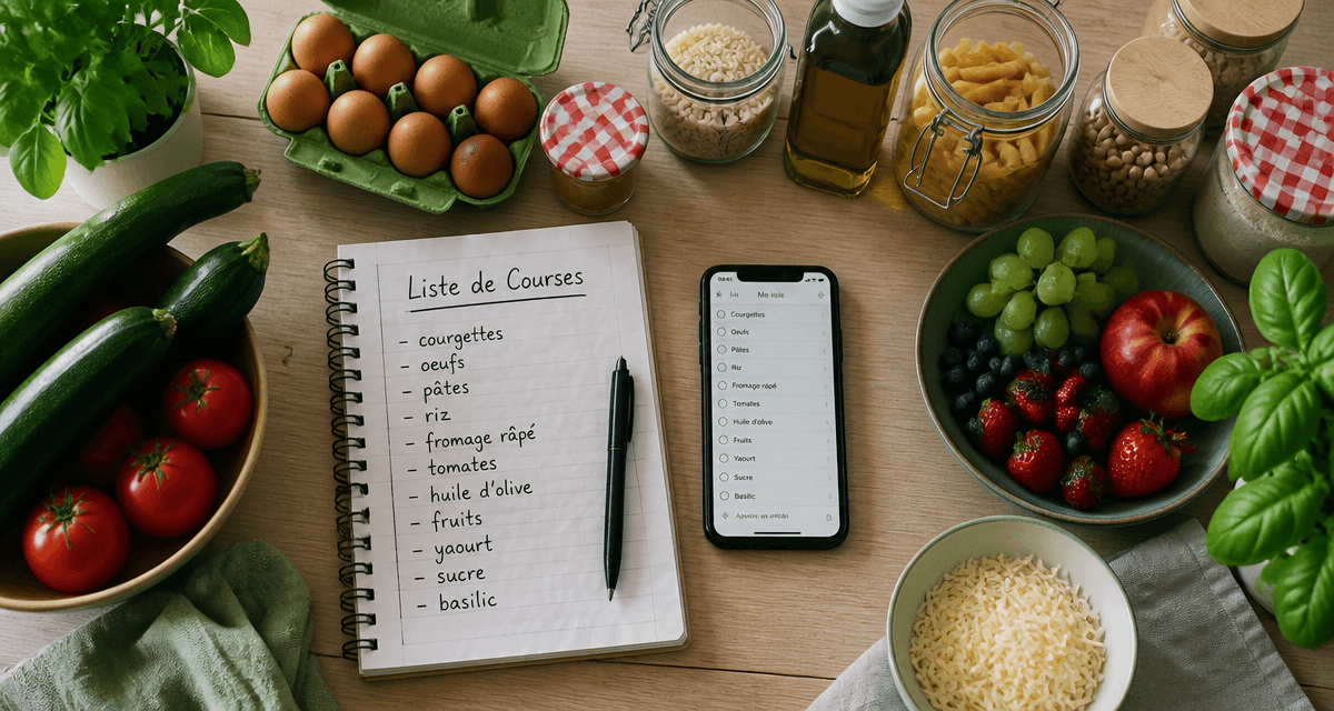 liste courses alimentaires sur table avec carnet et appli