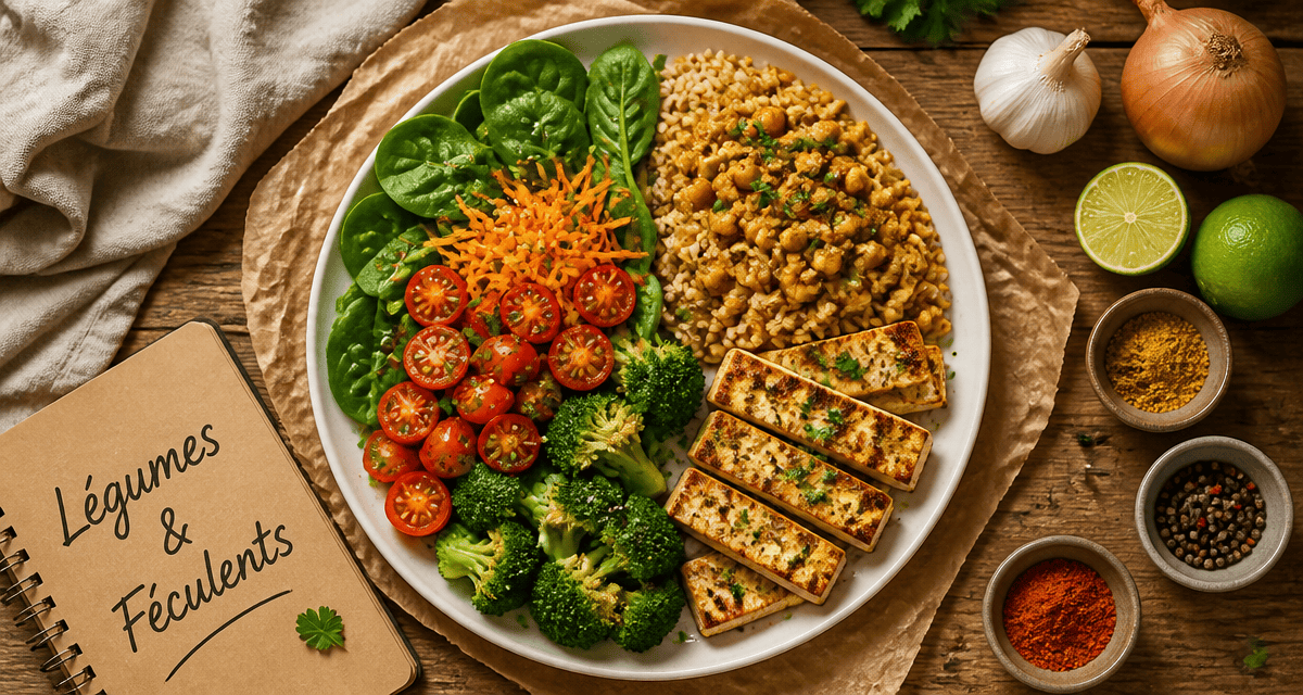 liste des legumes et feculents assiette equilibree vue plongee